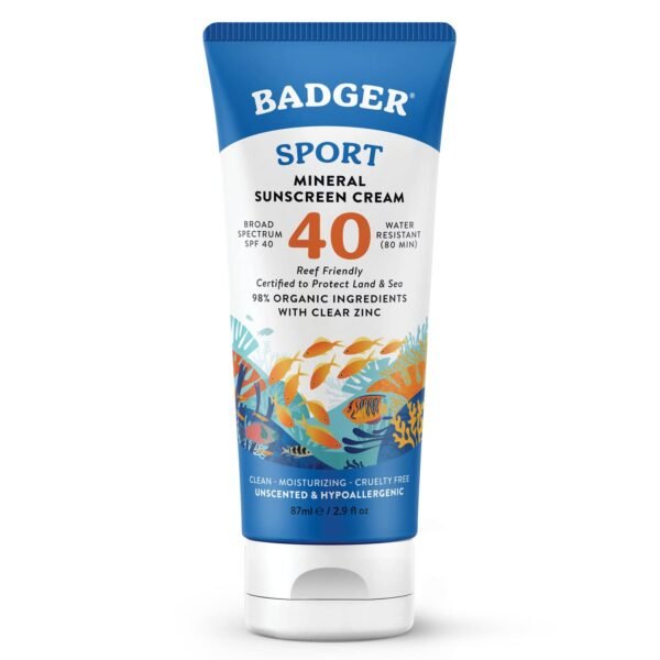 Badger Reef Safe Sunscreen, SPF 40 Sport Mineral Sunscreen, 98% Organic Sunscreen Ingredients, Broad Spectrum, Water Resistant, Zinc Oxide Sunscreen, Unscented, 2.9 fl oz - Image 2