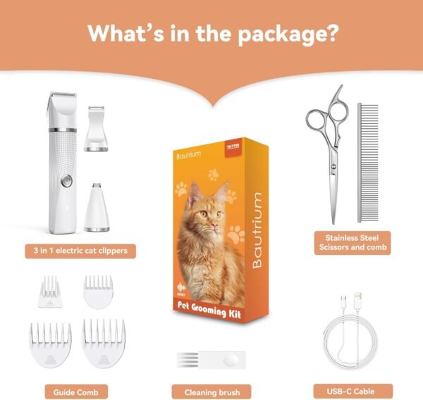 Cat Grooming Clippers Kit for Matted Hair, Bautrium 3 in 1 Electric Pet Hair Trimmer for Thick Hair, Heavy Coat Butt Shaver Cordless Cat Razor Claw Fur Trimmer for Dogs and Other Small Animals at Home - Image 7