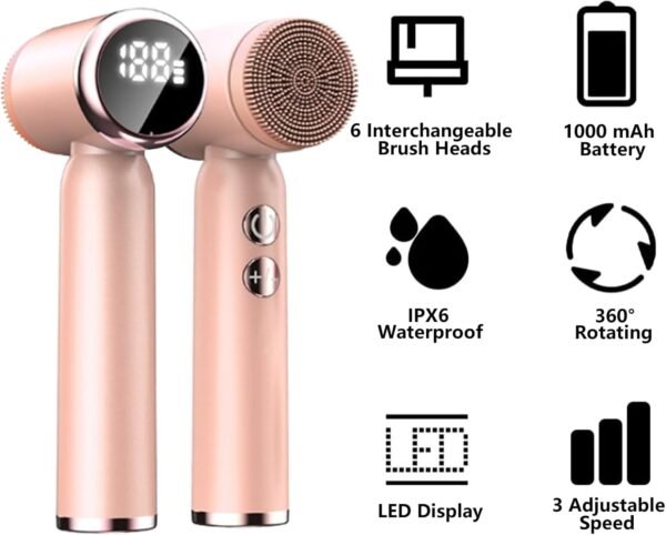 Facial Cleansing Brush, 6 in 1 Electric Face Scrubber with 6 Brush Heads and 3 Spin Speeds for Deep Cleansing, Waterproof Rechargeable Face Brushes for Dry Oily Sensitive Skin (Pink) - Image 4