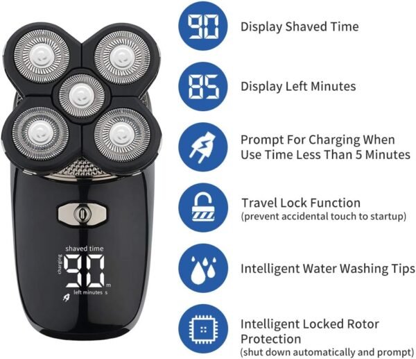 Mens Electric Bald Head Razor,Head Shaver for Bald Men Grooming Kit Wet-Dry Rotary Shavers Nose Hair Beard Trimmer Clippers Facial Cleansing Brush Cordless Waterproof USB Charging Rechargeable - Image 7