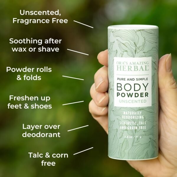 Fragrance Free Body Powder for Women and Men, Unscented Talc Free Talcum Powder, Cornstarch Free Dusting, Waxing, Natural Sugaring, Foot Powder, Dry Shampoo, Made in USA, Ora’s Amazing Herbal, 2.5 oz - Image 6