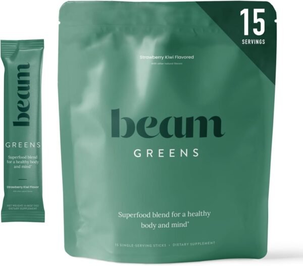 Beam Greens Powder, Greens Superfood Powder, Greens Supplement for Gut Health, Vegan, Non GMO Organic Greens Blend, Daily Greens with Ashwagandha, Vitamin C, B12, B6, D, Strawberry Kiwi, 15 Servings - Image 2