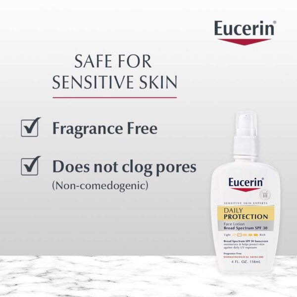 Eucerin Daily Protection Face Lotion with Broad Spectrum SPF 30 Sunscreen, Face Sunscreen Moisturizes and Helps Protect Sensitive, Dry Skin, Fragrance Free, 4 Fl Oz (Packaging May Vary) - Image 7