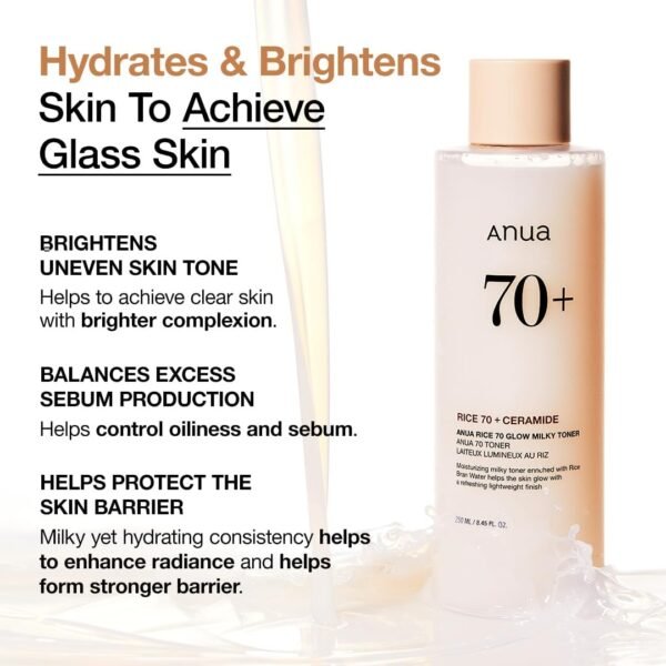 ANUA Rice 70 Glow Milky Toner, for Glass Skin, Rice Water, Niacinamide, Ceramides, Panthenol, Fragrance-Free, Non comedogenic, Fungal Acne Safe, Korean Skin Care, 250ml/8.45fl.oz. - Image 5