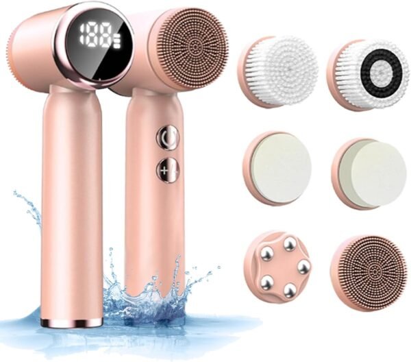 Facial Cleansing Brush, 6 in 1 Electric Face Scrubber with 6 Brush Heads and 3 Spin Speeds for Deep Cleansing, Waterproof Rechargeable Face Brushes for Dry Oily Sensitive Skin (Pink) - Image 2