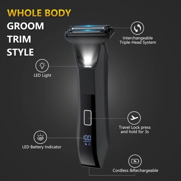 Manscape 3-in-1 Body Trimmer for Men, Groin, Pubic & Ball Hair Shaver No-Nick, Nose Hair Trimmer, Body Groomer for Smooth Shaving, Lightweight with Travel Lock, LED Display, IPX7 Waterproof - Image 4