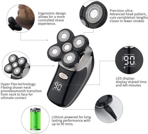 Mens Electric Bald Head Razor,Head Shaver for Bald Men Grooming Kit Wet-Dry Rotary Shavers Nose Hair Beard Trimmer Clippers Facial Cleansing Brush Cordless Waterproof USB Charging Rechargeable - Image 5
