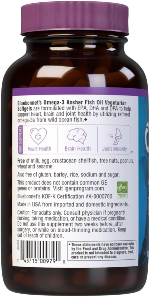 Bluebonnet Nutrition Omega-3 Kosher Fish Oil, Natural Triglyceride Form, Gluten-Free, Dairy-Free, Kosher Certified, Non-GMO, 3rd Party Tested, Molecularly Distilled, 120 Vegetarian Softgel, 60 Serving - Image 4