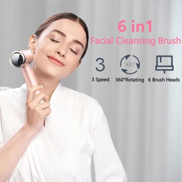 Facial Cleansing Brush, 6 in 1 Electric Face Scrubber with 6 Brush Heads and 3 Spin Speeds for Deep Cleansing, Waterproof Rechargeable Face Brushes for Dry Oily Sensitive Skin (Pink) - Image 3