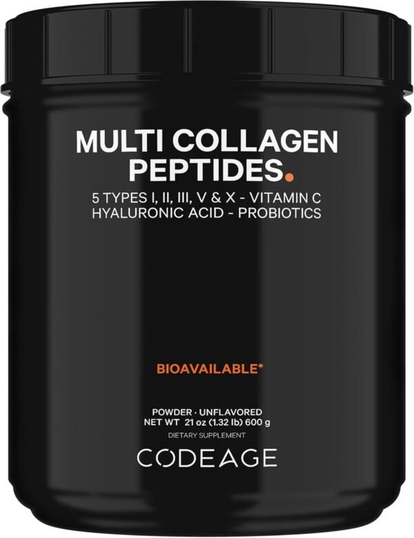 Codeage Multi Collagen Peptides + Probiotics Black Edition, Vitamin C, Hyaluronic Acid Powder Supplement, Grass-Fed, Pasture-Raised, Hydrolyzed, Zero Carbs, Type I, II, III, V & X, Unflavored, 21oz - Image 2