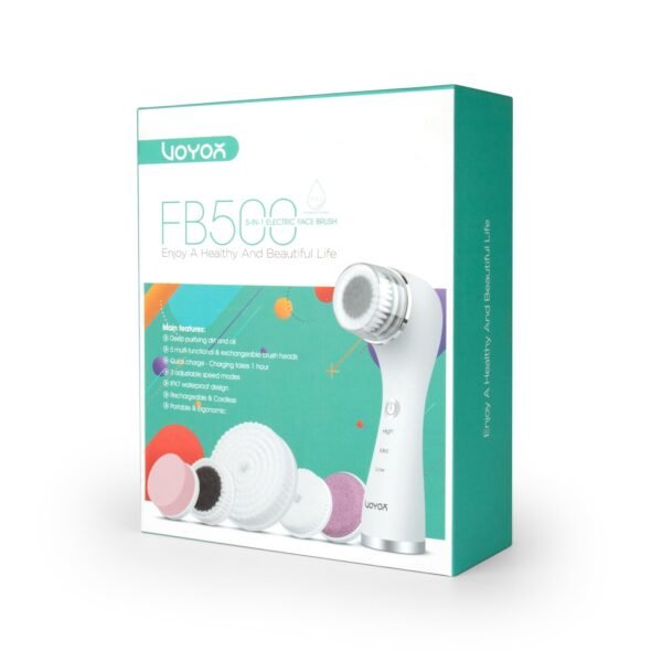 VOYOR Facial Cleansing Brush Rechargeable, Spin Face Brush Waterproof 5-in-1 Body Brush Set for Deep Skin Cleansing, Gentle Exfoliating and Massaging FB500 (White) - Image 8