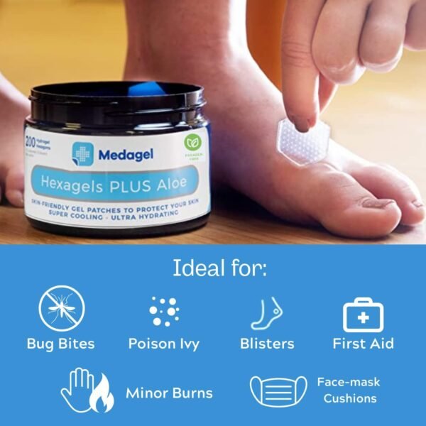 Hexagels® Plus Aloe Vera Paraben Free Hydrogel Pads, Blister Prevention, Protection & Treatment, Instant Cooling & Soothing Relief of Skin Irritations, 200 Hexagon Pads (Paraben Free Formula) - Image 4