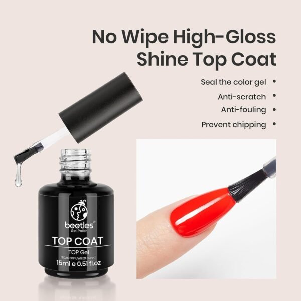 beetles Gel Polish Base Gel Top Coat Set, 2Pcs 15ML/0.5OZ Clear Base Coat No Wipe Top Gel Set Soak Off UV LED Glossy Shine Finish Long Lasting DIY Nail Salon Manicure Gift for Women - Image 4