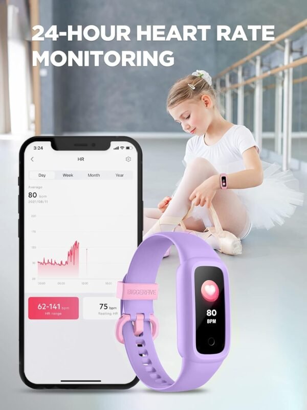 BIGGERFIVE Vigor 2 L Kids Fitness Tracker Watch for Girls Ages 5-15, IP68 Waterproof, Activity Tracker, Pedometer, Heart Rate Sleep Monitor, Calorie Step Counter Watch, Lilac - Image 5