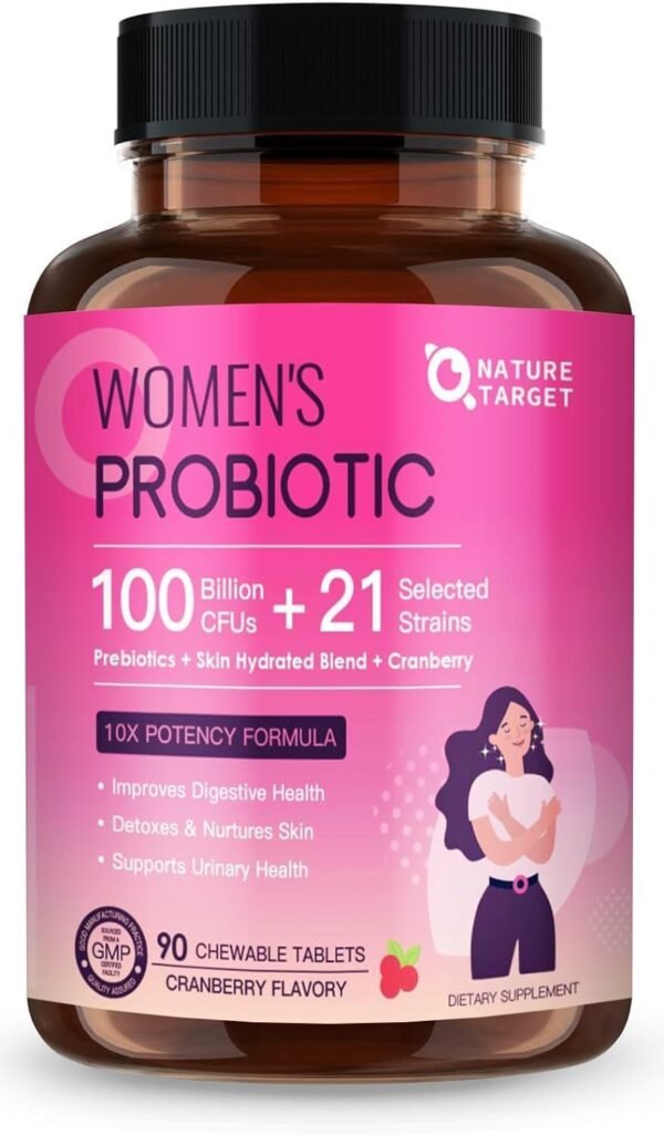 NATURE TARGET Probiotics for Women Digestive Health with 100 Billion CFUs, Womens Probiotic for Gut Health & Immune Support, Skin Care, with Cranberry & D-mannose, 90 Chewable Tablets (45 Day Supply) - Image 2