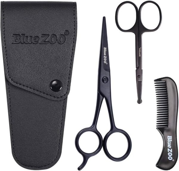 BlueZOO Beard Mustache Scissors and Comb Kit with PU Storage Bag, Rounded Safety Nose Hair Scissor for Men and Women Care Grooming, Ear Trimming Tool, Shears for Personal Grooming, Cutting & Styling - Image 2