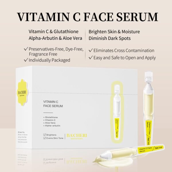 Vitamin C Serum for Face with Hyaluronic Acid, Glutathione, Organic Aloe Vera, Hydrating & Brightening Serum, Dark Spot Remover, Anti Aging Facial Serum, 30 Ampoules - Image 3