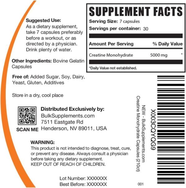 BulkSupplements.com Creatine Monohydrate Capsules - Micronized Creatine Monohydrate, Creatine Pills - 7 Creatine Capsules per Serving, 5000mg, Gluten Free, 210 Capsules (Pack of 1) - Image 7