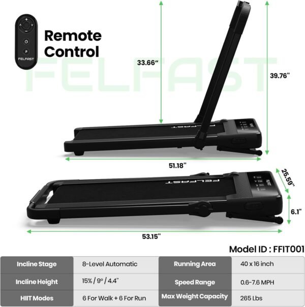 Walking Pad Treadmill with 15% 9° 8 Level Auto Incline, 2-in-1 Under Desk Foldable Treadmill w/Remote Control, 12 HIIT Mode, 265 Lbs, 7.6 MPH Max, Portable Mini Treadmill for Office Home - Image 9