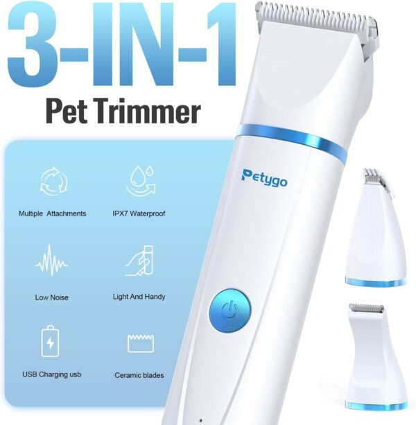 3-in-1 Dog Grooming Clippers Kit - Rechargeable Low Noise Pet Trimmer Set with Paw Trimmer, Cordless Nail Grinder, Shaver for Small Dogs & Cats - Includes 4 Guide Combs & USB Cable - Image 3