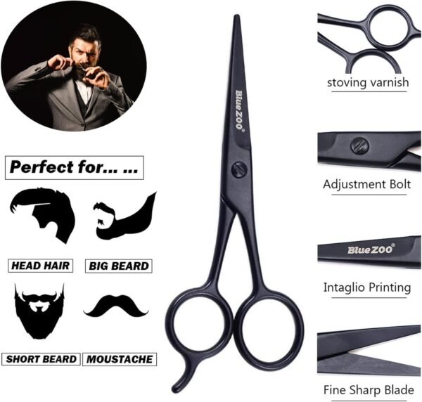 BlueZOO Beard Mustache Scissors and Comb Kit with PU Storage Bag, Rounded Safety Nose Hair Scissor for Men and Women Care Grooming, Ear Trimming Tool, Shears for Personal Grooming, Cutting & Styling - Image 3