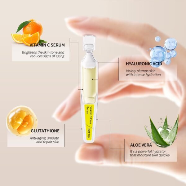 Vitamin C Serum for Face with Hyaluronic Acid, Glutathione, Organic Aloe Vera, Hydrating & Brightening Serum, Dark Spot Remover, Anti Aging Facial Serum, 30 Ampoules - Image 5