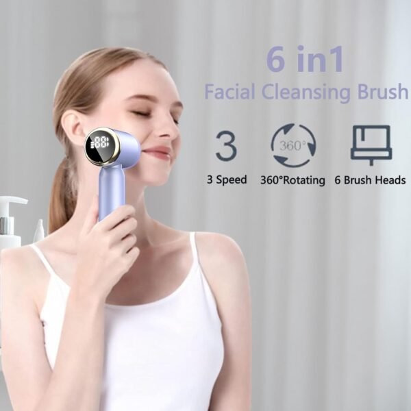 Facial Cleansing Brush, 6 in 1 Electric Face Scrubber with 6 Brush Heads and 3 Spin Speeds for Deep Cleansing, Waterproof Rechargeable Face Brushes for Dry Oily Sensitive Skin (Purple) - Image 3