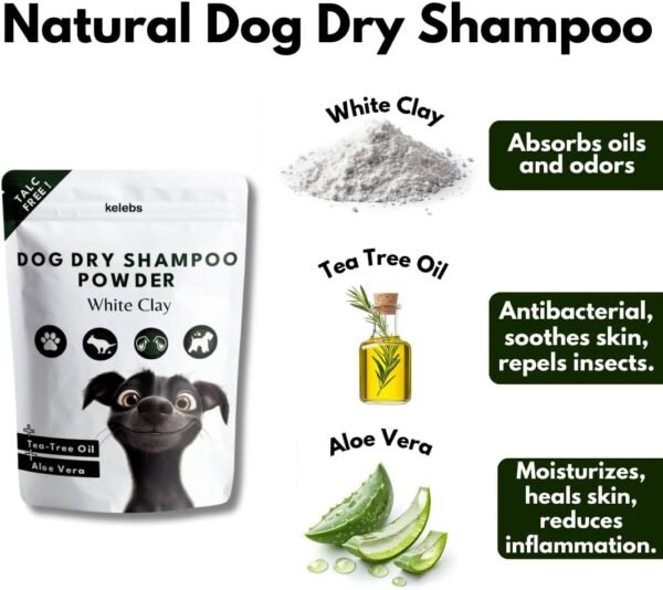 Talc-Free Dog Anti Itch Dry Shampoo Powder for Smelly Dogs, Pet Deodorizer for Skin, Ear & Paw - White Clay & Aloe Vera - 3.5 Oz - Image 3