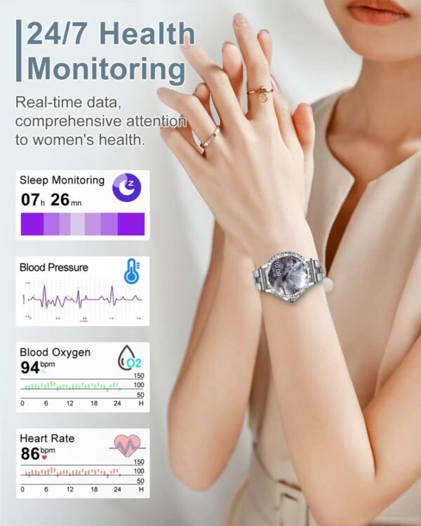 Smart Watches for Women(Answer/Make Calls) with Diamonds, 1.3” HD Bluetooth Smart Watch for Android iOS Phones, IP68 Waterproof Fitness Activity Trackers Smartwatch with Heart Rate/SpO2/Sleep Monitor - Image 5