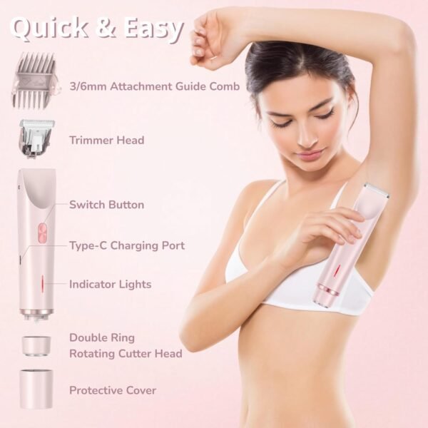 Bikini Trimmer for Women, 2 in 1 Dual-Head Electric Body Hair Trimmer Shaver for Women's Grooming, Waterproof Wet & Dry Pubic Hair Trimmer for Women Legs Bikini Underarms Hair Painless Remove - Image 6