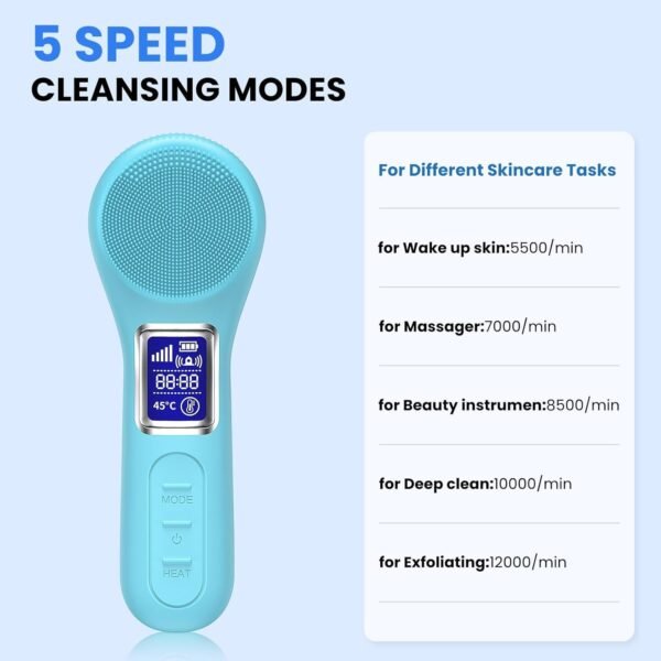 Facial Cleansing Brush, IPX7 Waterproof Rechargeable Silicone Face Scrubber, 5 Cleansing Modes Face Brush for Face Exfoliator, Exfoliating and Massaging Face Scrubber Exfoliator -Sky Blue - Image 7