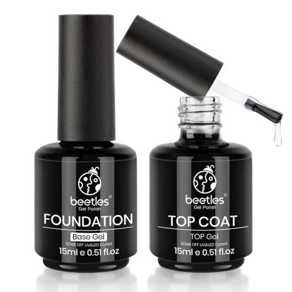 beetles Gel Polish Base Gel Top Coat Set, 2Pcs 15ML/0.5OZ Clear Base Coat No Wipe Top Gel Set Soak Off UV LED Glossy Shine Finish Long Lasting DIY Nail Salon Manicure Gift for Women - Image 2