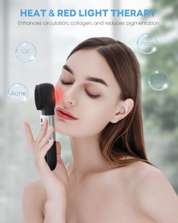 Facial Cleansing Brush, IPX7 Waterproof and Rechargeable Silicone Face Scrubber, Heat & Cold Massage for Men & Women (Black) - Image 3