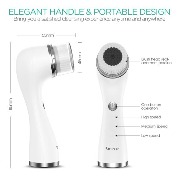 VOYOR Facial Cleansing Brush Rechargeable, Spin Face Brush Waterproof 5-in-1 Body Brush Set for Deep Skin Cleansing, Gentle Exfoliating and Massaging FB500 (White) - Image 7