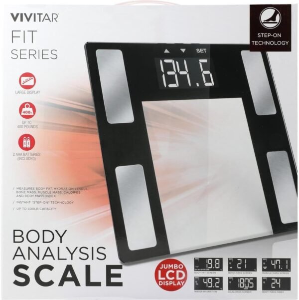 Vivitar PS-V163-S Body Analysis Digital Bathroom Scale With An Easy To Read LCD Display Wireless Weight Smart Body Fat Scale Sleek Tempered Glass Platform, Large Display, 400 Pounds, Silver - Image 6