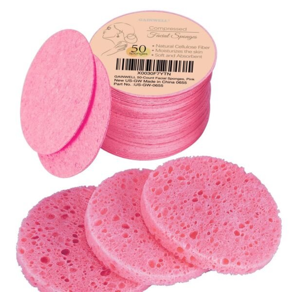 50-Count Compressed Facial Sponges for Daily Facial Cleansing and Exfoliating, 100％ Natural Cosmetic Spa Sponges for Makeup Remover, Reusable, Pink - Image 2