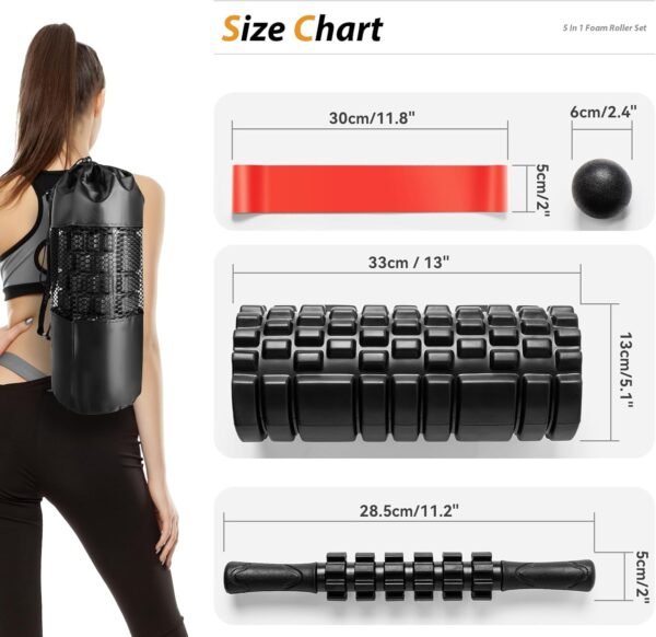 5 in1 Foam Roller Set, Trigger Point Foam Rollers, Massage Roller Stick, Massage Ball, Resistance Band for Deep Muscle Massage Pilates Yoga,Fitness Exercise for Whole Body (Black-Red) - Image 8