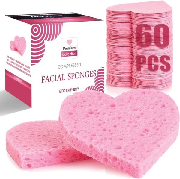 60-Count Compressed Facial Sponges, 100% Natural Cosmetic Spa Sponges for Facial Cleansing, Exfoliating Mask (Pink Heart) - Image 2