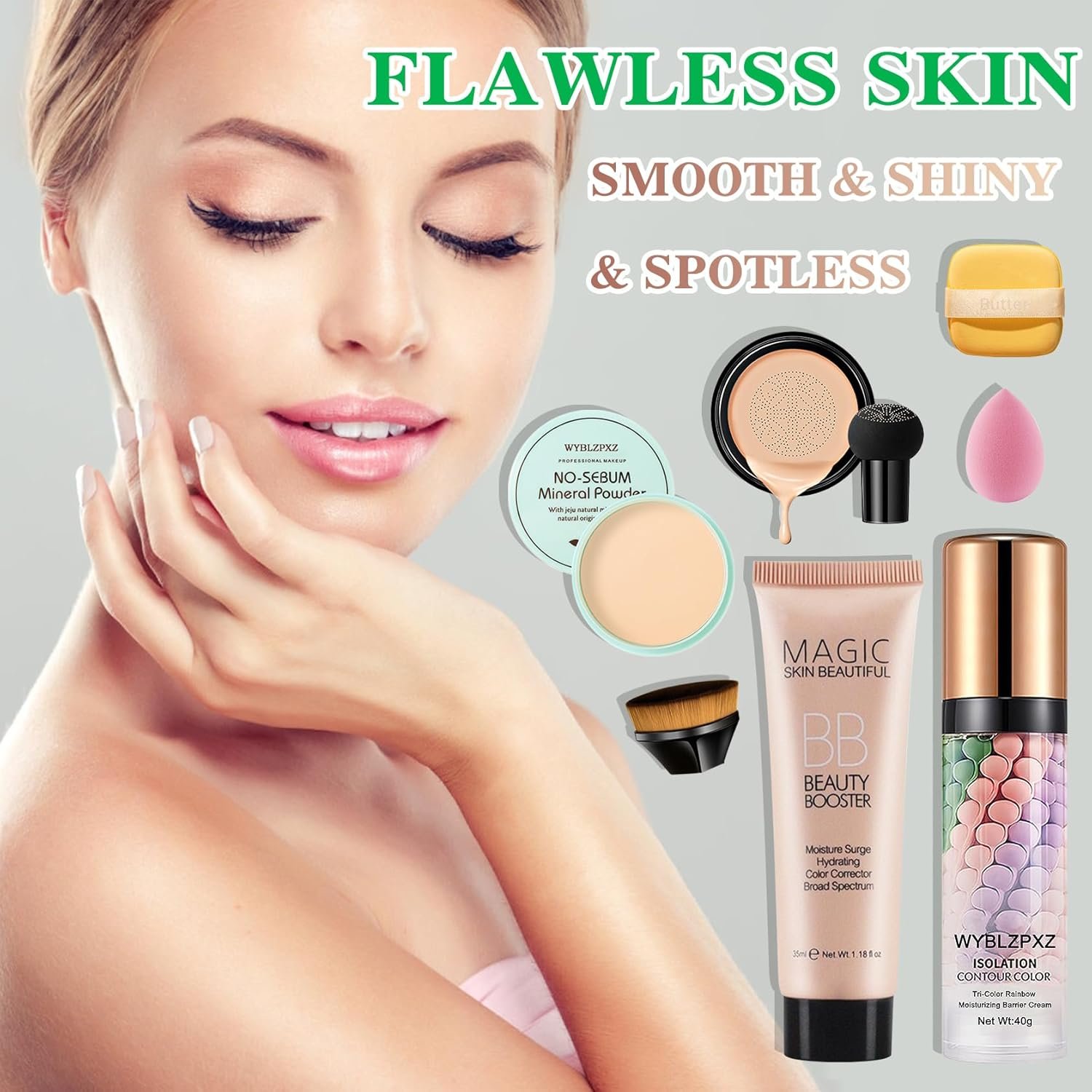 Mushroom Head Air Cushion CC Cream + BB Cream + Tri-color Color Corrector Isolation Cream Foundation Set Moisturizing Full Coverage Foundation Concealer Lasting Foundation Makeup Base Primer(7 Pcs) - Image 8