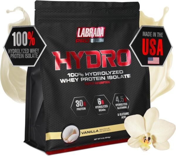 Labrada Hydro 100% Pure Hydrolyzed Whey Protein Isolate Powder, Lactose Free, Glutamine, Fastest Digesting Whey Available, Instant Mixing, Delicious Taste 48 Servings 4lb (Vanilla) - Image 2