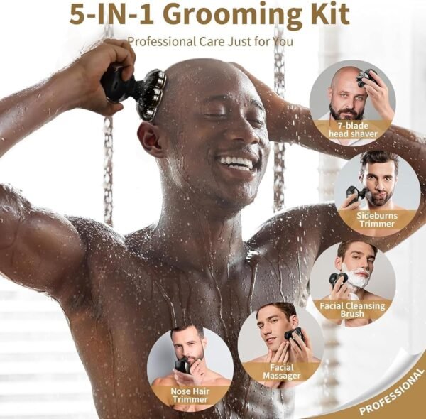 Detachable Head Shavers, SHPAVVER 5 in 1 Electric Razor IPX7 Waterproof for Bald Men, Wet Dry LED Display Rechargeable 7D Rotary Shaver Grooming Kit with Type C Charge A - Image 5