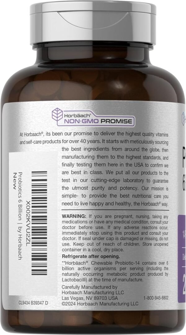 Horbäach Probiotics 6 Billion CFUs | 200 Chewable Tablets | Berry Flavor | 14 Probiotic Strains | Vegetarian, Non-GMO & Gluten Free Supplement for Men & Women - Image 4