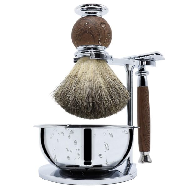 Jolitac Wet Shaving Kit For Men - Badger Hair Shaving Brush, Shaving Stand, Stainless Steel Shaving Bowl Mug, Double Edge Safety Razor, Men's Safety Razor Grooming Gift Set (Wood) - Image 3