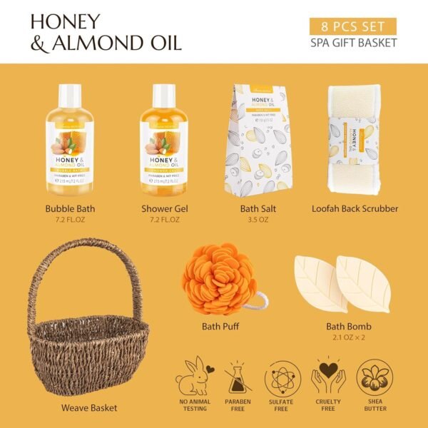 Bath Spa Gift Basket, Bath & Body Gift Set for Women & Men, Includes Shower Gel, Bubble Bath, Bath Salt, Bath Sponge, Spa Gift Box for Mother's Day, Birthday, Wedding, Honey & Almond 8pcs - Image 3