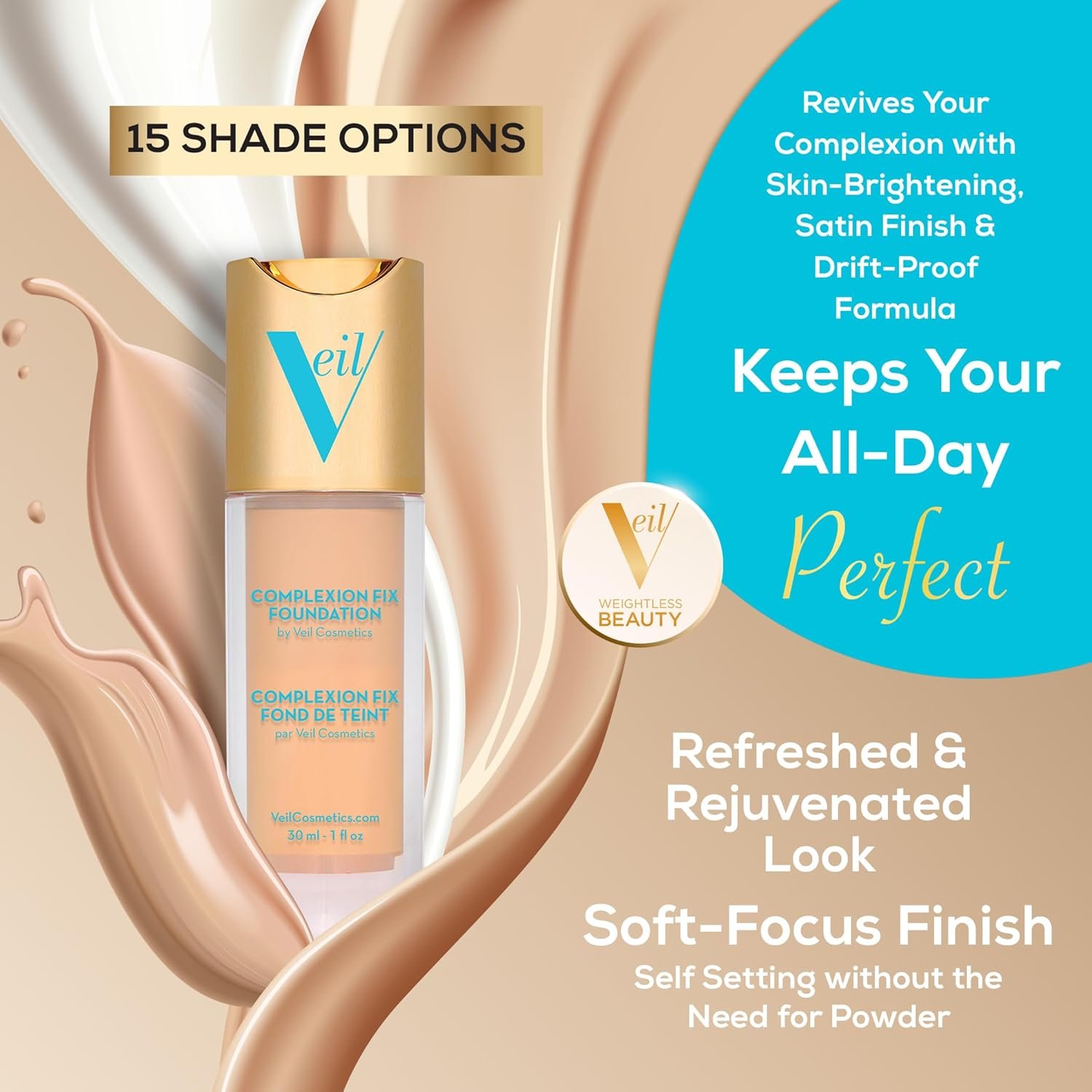 Veil Cosmetics Complexion Fix Liquid Foundation – Buildable Coverage – Water-Resistant, Hypoallergenic, Oil-Free, Cruelty-Free & Vegan – Lightweight & Brightening – Long Lasting (1G Porcelain Gold) - Image 7