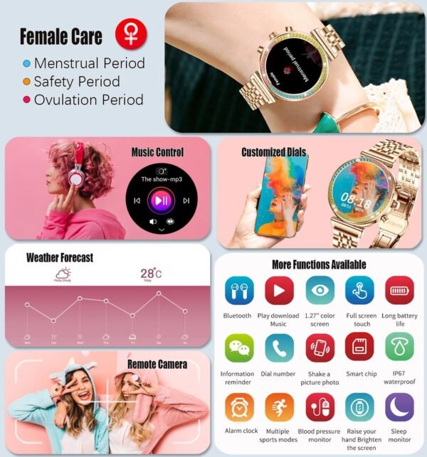 Fitness Smart Watch for Women, 1.27" HD Display, Bluetooth Calls, Waterproof Sports Women's Smartwatch, Heart Rate Monitor, Pedometer – Compatible with Android & iOS (Full Gold) - Image 8