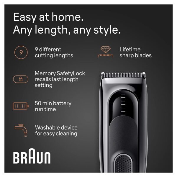 Braun Hair Clippers Series 5 5310, Hair Clippers for Men, Hair Clip from Home with 9 Length Settings, Incl. Memory SafetyLock Recall Setting, Ultra-Sharp Blades, 2 Combs, - Image 4