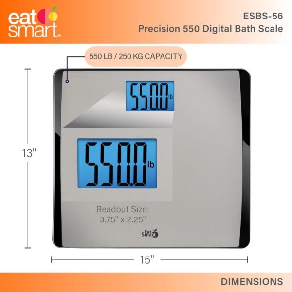 Eat Smart Precision 550 Pound Extra-High Capacity Digital Bathroom Scale for Body Weight with Extra-Wide Platform, Stainless Steel - Image 3
