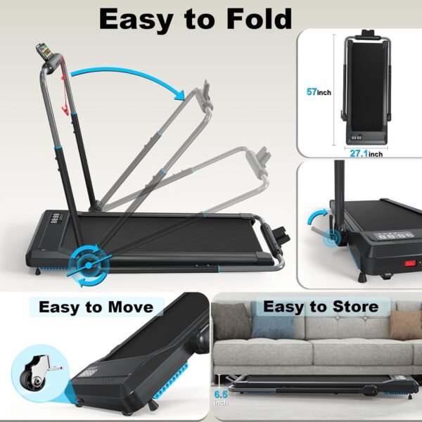 Walking Pad Treadmills with Handle 12% Incline 340+LBS Capacity, Under Desk Treadmill for Home Small Space, Full Assembly Long Stride, Foldable Easy to Move Store, Upright or Under Sofa, with Wheels - Image 4