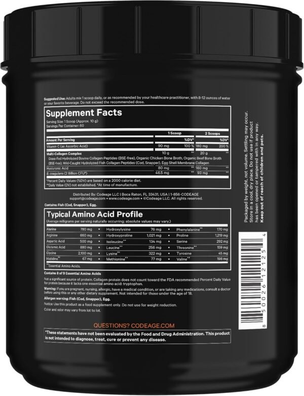 Codeage Multi Collagen Peptides + Probiotics Black Edition, Vitamin C, Hyaluronic Acid Powder Supplement, Grass-Fed, Pasture-Raised, Hydrolyzed, Zero Carbs, Type I, II, III, V & X, Unflavored, 21oz - Image 9
